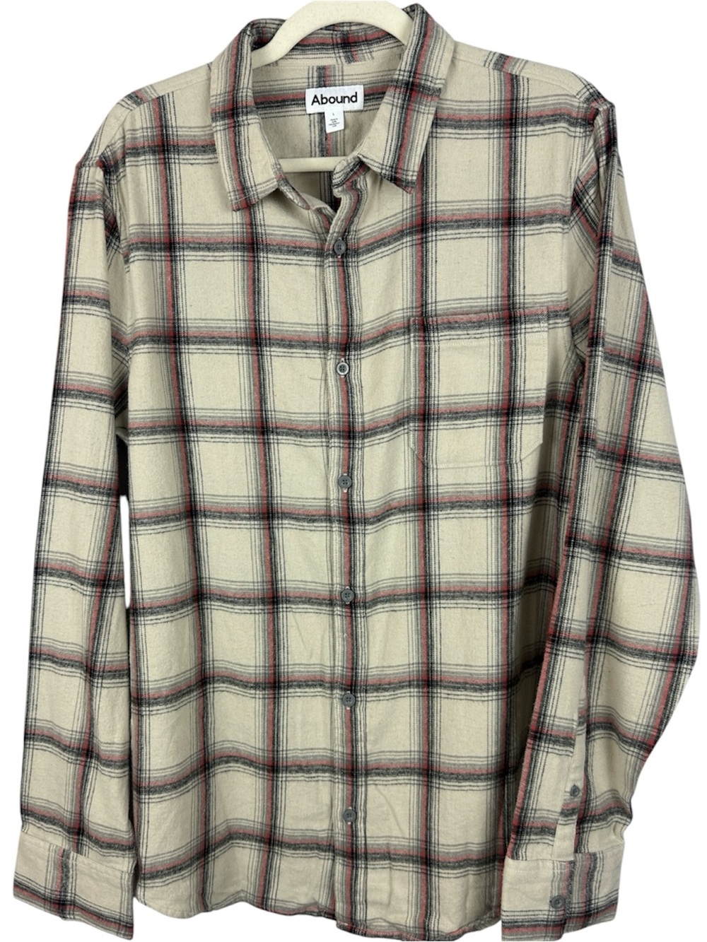 Abound Cotton Men's Plaid Flannel Button Down Shirt Off-White Red Grey Size L